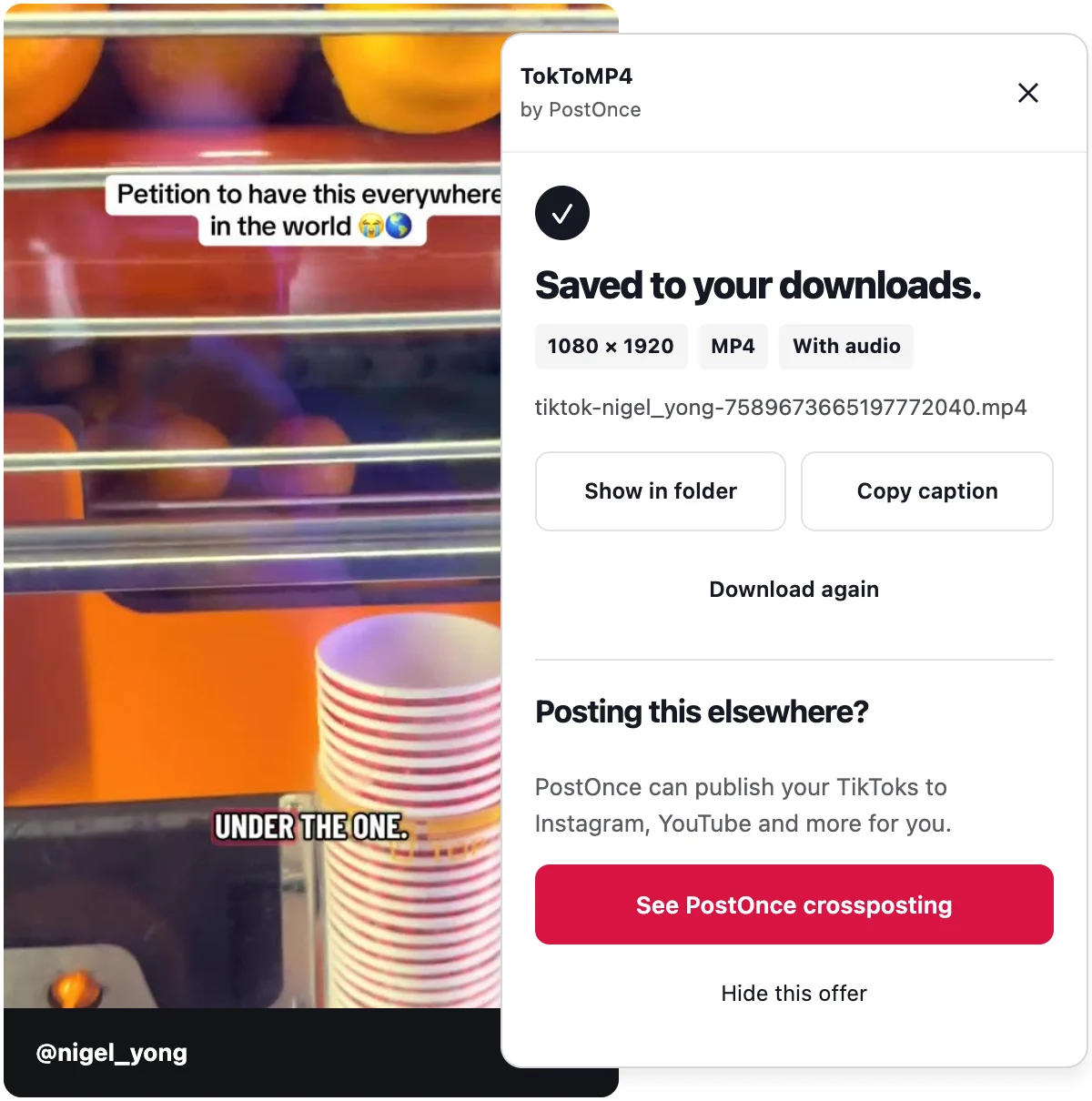 The TokToMP4 panel beside a TikTok post, showing a saved file and its resolution